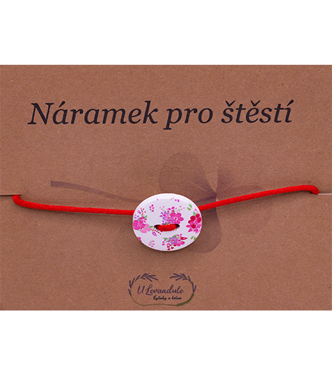 Bílý knoflík s kytičkami - červená šňůrka