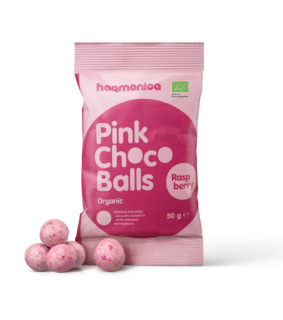 Choco balls, puff. rýže v bílé čokoládě s malinami