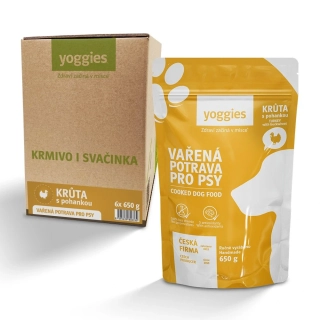 6x650g Yoggies Vařená potrava pro psy – krůtí maso s pohankou (krabice)