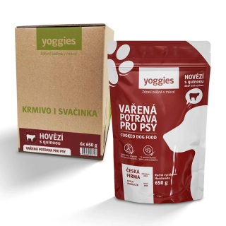 6x650g Yoggies Vařená potrava pro psy – hovězí maso s quinoou (krabice)