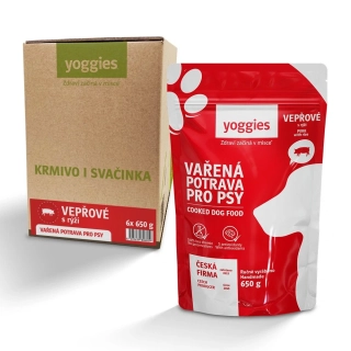 6x650g Yoggies Vařená potrava pro psy – vepřové maso s rýží (krabice)